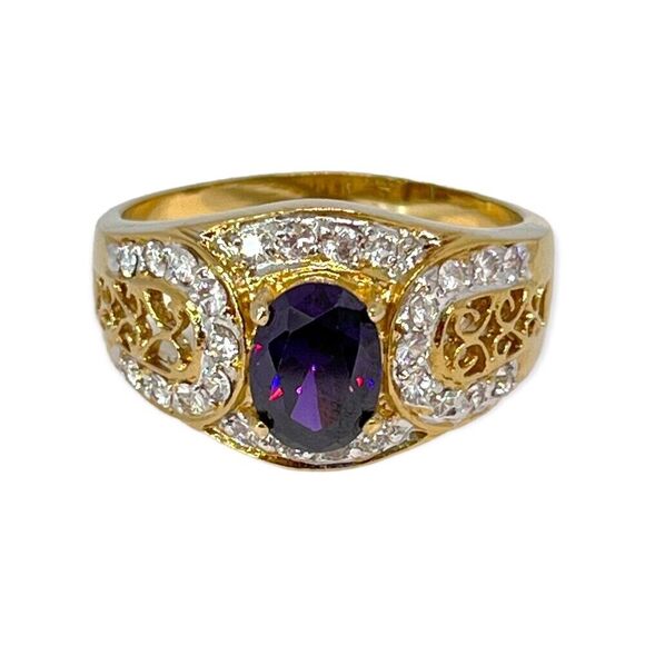 Vintage Ring Size 6 Purple & Clear Cubic Zirconia 18K Gold Plate Mid-Century 14J - Picture 8 of 9